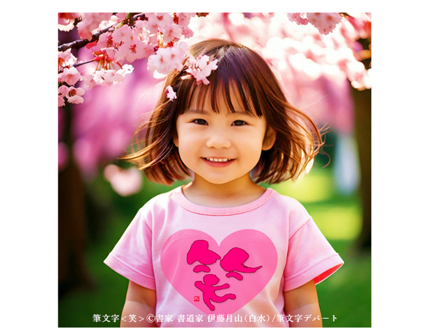 桜祭りに家族でお出かけし桜の木の下でピンクのハートマークの中に筆文字デザイン「笑」が入ったTシャツを着て嬉しそうに笑う可愛らしい女の子の画像。このキッズサイズTシャツはMサイズ（100cm）で洗濯に強い首回りで吸水性が高く防臭、通気性に優れた綿100％のこどもの肌に優しい生地。