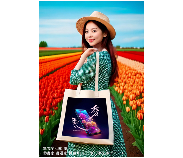 美しくカラフルなチューリップ畑で上品でおしゃれなデザインの肩掛けトートバッグを持つ、帽子を被った若い女性の写真。その丈夫で軽量のトートバッグには書家/書道家 伊藤月山（白水）のオリジナルの書体『風舞書』による「愛」の毛筆デザインが２種類と華やかなグラフィックを施された素敵なバッグです。