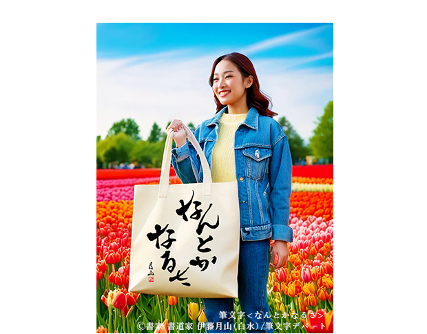 ひらがなの筆文字デザイン「なんとかなるさ」のロゴが入ったシンプルでカジュアルな大容量トートバッグ。このトートバッグをジージャンとジーパンを履いたラフな格好の女の子が春の青空の下、お花畑で笑顔で片手に持って笑っている。